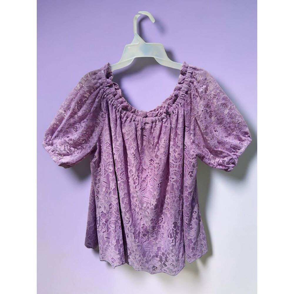 Lace Puff-Sleeve Peasant Top - Lilac